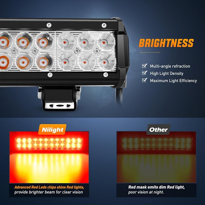 Nilight LED Light Bar 12 Inch 72W Spot Flood Combo Red Beam Off Road Lights Fishing Hunting Emergency Deck Boat Work Lighting for Trucks UTV Pick-up Van Boat Tractor