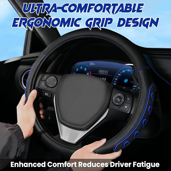 Ventilated Heart-Shaped Steering Wheel Cover with Anti-Slip Leather Grip. Compatible with Ford, Toyota, Honda, Nissan, and Chevrolet Vehicles for 14.5-15.2 inch Round Steering Wheels.