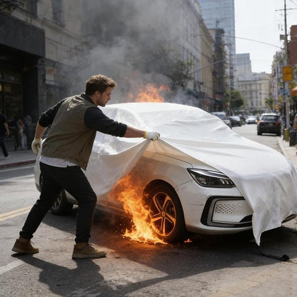 Fires Blankets for Cars 19.6’ x 13.1’EV Thermal Runaway Cover with 2 Pairs Adhesive‑Coated Gloves Storage Bag Quick Deployment for Engine Fires & Accidents