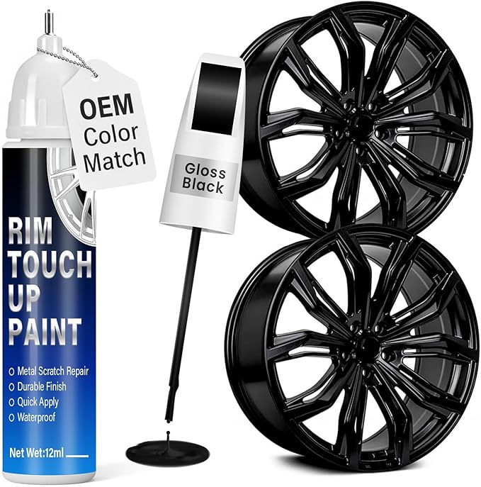 Gloss Black Rim Touch Up Paint, 2-in-1 Brush & Tip, 0.4 fl oz - Universal Black Rim Curb Rash Repair Kit for Scratches, Scuffs on Alloy/Metal Wheels, OEM Color Match, Quick-Dry & Long-Lasting