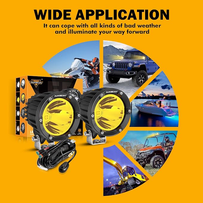 Auxbeam 4 Inch 72W Amber Fog Lights, 2PCS 7200LM LED Round Offroad Light Pods, Yellow Spot Beam Driving Off Road Work Light Bar with Wiring Harness Kit for Jeep Vehicle Pickup Trucks ATV UTV SUV