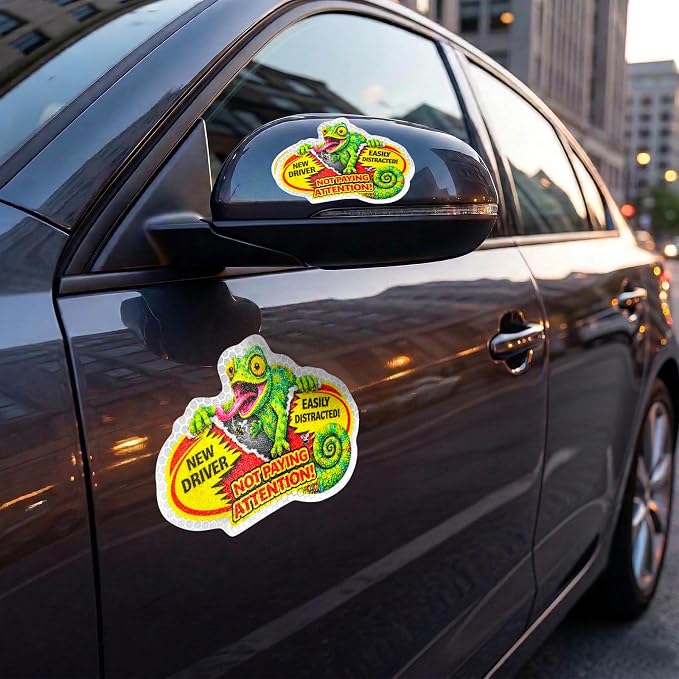 3 Pcs Reflective Student Driver Magnet and Stickers Set - Funny Animal New Driver Safety Signs for Car, Waterproof & Weatherproof High Visibility Vehicle Bumper Decals, Magnet + Stickers (Chameleon)
