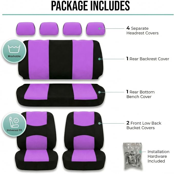 FH Group Automotive Seat Covers Flat Cloth Full Set Purple Car Seat Covers, Rear Solid Bench Universal Fit and Car Seat Protector for Vans Cars Trucks and SUV Interior Accessories