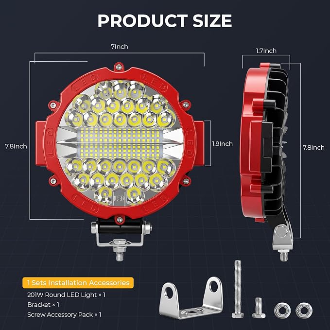 7 INCH Round LED Light Bar MUVKQC 201W Off-Road Driving Lights 21000lm LED Work Lights Pod with Wiring Harness for Pickup SUV ATV UTV Trucks Tractor (2PCS 201W Red+1 Set 2-Lead Wiring Harness)