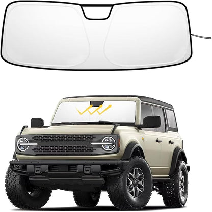 Windshield Sun Shade for 2021-2026 Ford Bronco 2/4 Door| Foldable Front Window Sunshade| 310T Reflective Polyester| UV Heat Insulation Protection| Outdoor Camping (Not for Bronco Sport)