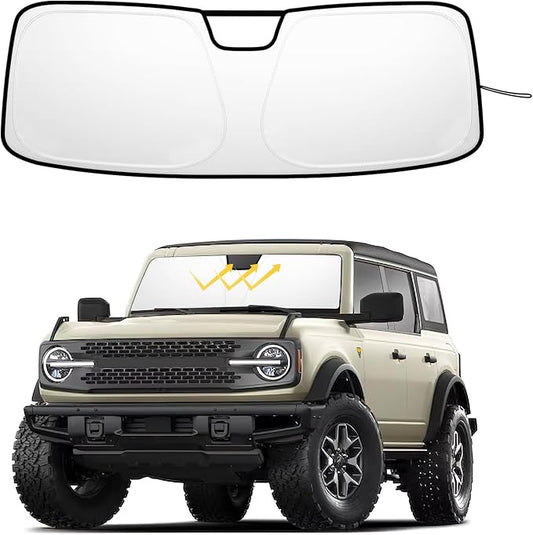 Windshield Sun Shade for 2021-2026 Ford Bronco 2/4 Door| Foldable Front Window Sunshade| 310T Reflective Polyester| UV Heat Insulation Protection| Outdoor Camping (Not for Bronco Sport)