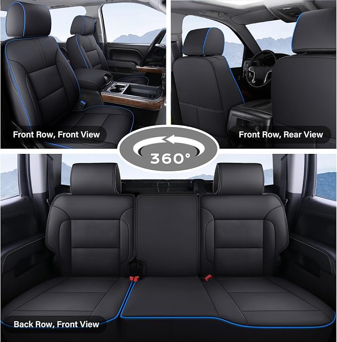 Coverado Chevy Silverado Seat Covers Full Set, Faux Leather Car Seat Covers Fit for 2014-2018 1500, 2015-2019 2500HD 3500HD Chevy Silverado GMC Sierra Crew Double Extended Cab(Blueline)