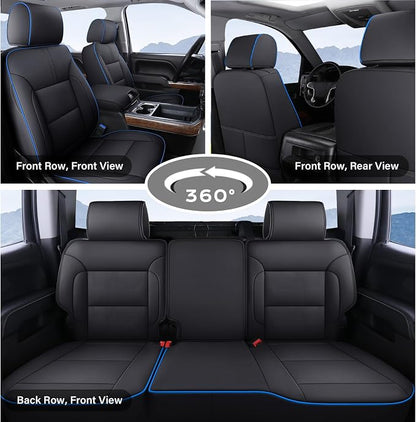 Coverado Chevy Silverado Seat Covers Full Set, Faux Leather Car Seat Covers Fit for 2014-2018 1500, 2015-2019 2500HD 3500HD Chevy Silverado GMC Sierra Crew Double Extended Cab(Blueline)