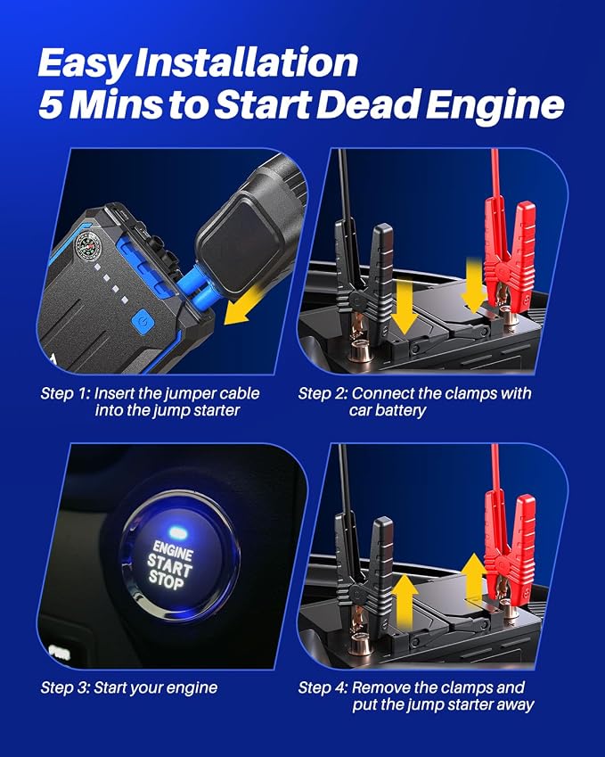 AUTOONE 4000A Car Jump Starter, Battery Jumper Starter Portable for Compact Car Up to 10.0L Gas and 8.0L Diesel Engine Jump Box with Jumper Cables, USB Output and LED Light