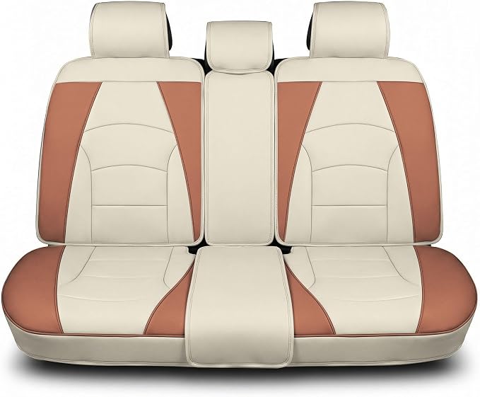 FH Group Car Seat Cover for Back Seat Beige Brown Faux Leather - Universal Fit, Rear Seat Covers for Cars with Rear Split Bench, Car Seat Cushions, Car Interior Accessories for SUV, Sedan, Van