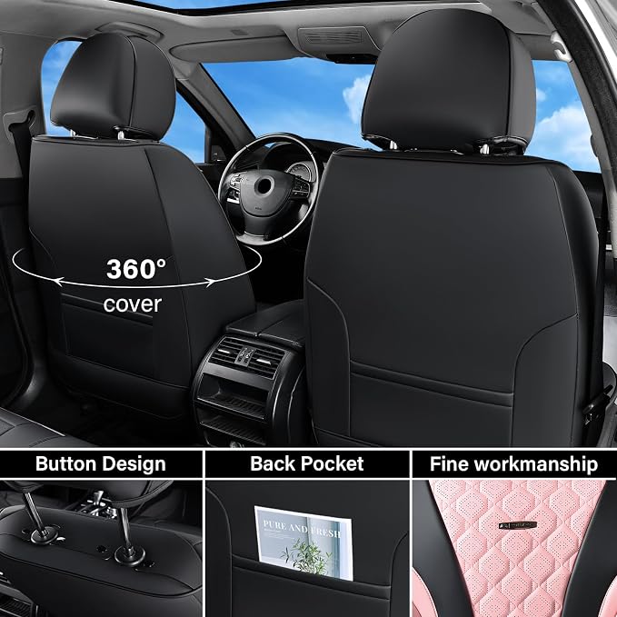 Coverado Seat Covers, Car Seat Covers Front Seats, Perforated Diamond Leather Car Seat Cover, Waterproof Car Seat Cover, 2 Pack Car Seat Protector Front Seat Cover Universal Fit Most Car, Black&Pink