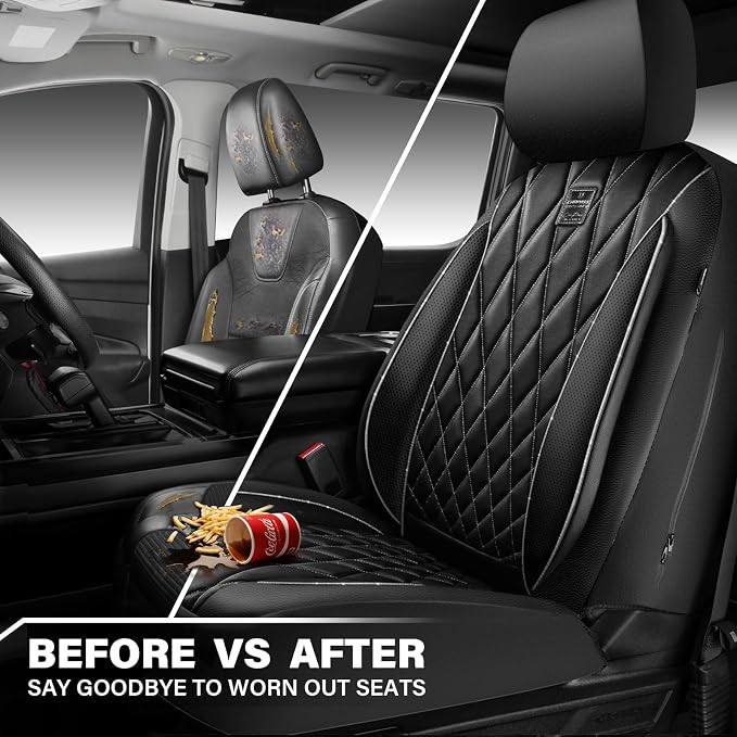 CAR PASS Piping Luxury Leather Two Front Car Seat Covers,Silver Glitter Waterproof Seat Cover Compatible with Front Seat Armrests,Universal Fit for Suvs,Vans,Trucks,Airbag Compatible(Black and Silver)