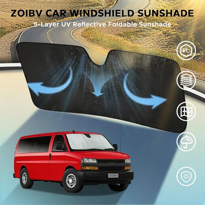 Car Windshield Sun Shade for Chevrolet Express 1996-2025 2026 Front Window Sunshade Sun Visor Protection Cover Accessories -5-Layer Bubble Foldable Thicken Blocks Heat & UV Rays Keep Car Cooler