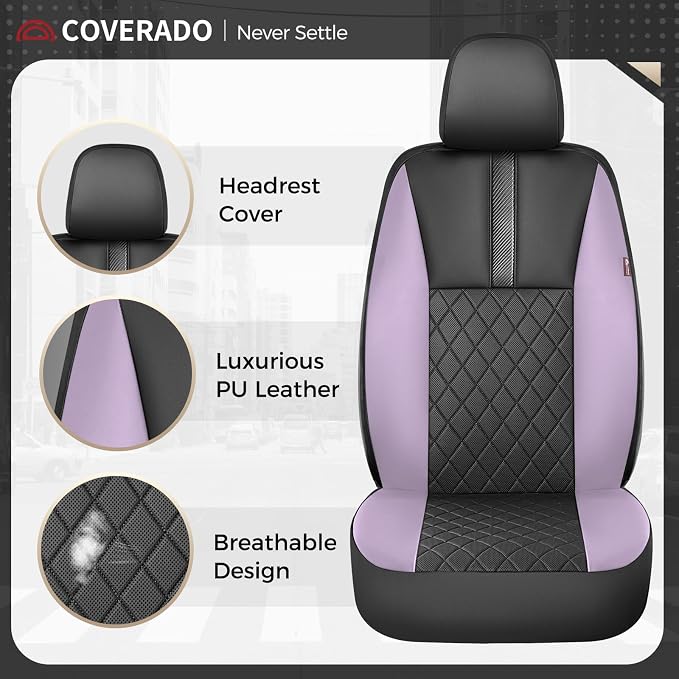 Coverado Car Seat Covers Front Pair, Automotive Leather Seat Covers for Car，Universal Fit Front Back Seat Cover, Non-Slip Waterproof Breathable Car Seat Protector