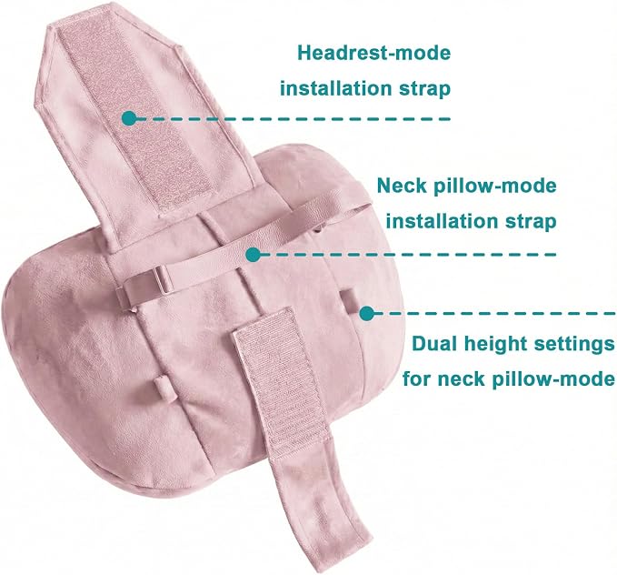 2PCS Car Pillow for Car Neck Pillow for Driving Seat Neck Support Soft Cushion Back Support Head-Rests for Vehicle Sleeping with Elastic Adjustment Strap (Light Pink, Head and Lumbar)