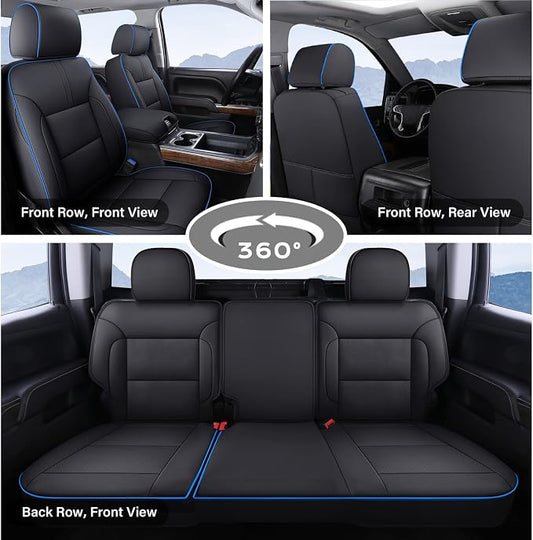 Coverado Silverado Seat Covers Full Set, Faux Leather Car Seat Covers Fit for Chevy Silverado GMC Sierra 2007-2013 & 2019-2026 1500, 2020-2026 2500HD 3500HD Crew Double Extended Cab(Blueline)