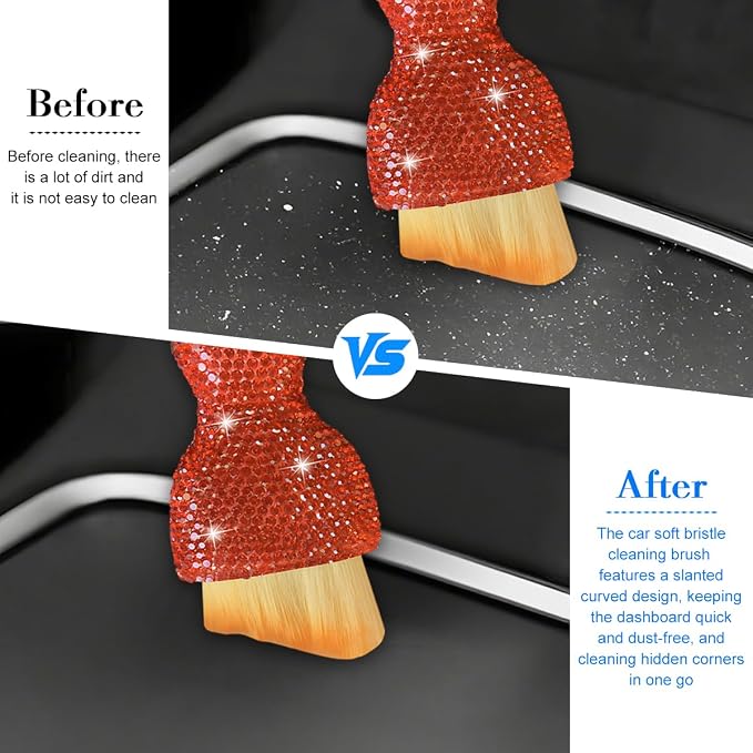 Bling Car Detailing Brush, Crystal Rhinestone Non-Scratch Vehicle Cleaning Dust Brush for Air Vent & Dashboard, Soft Bristles Automotive Interior Cleaning Tool, Universal Fit (Orange Red)