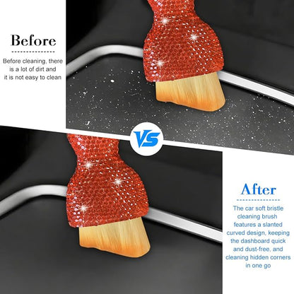 Bling Car Detailing Brush, Crystal Rhinestone Non-Scratch Vehicle Cleaning Dust Brush for Air Vent & Dashboard, Soft Bristles Automotive Interior Cleaning Tool, Universal Fit (Orange Red)