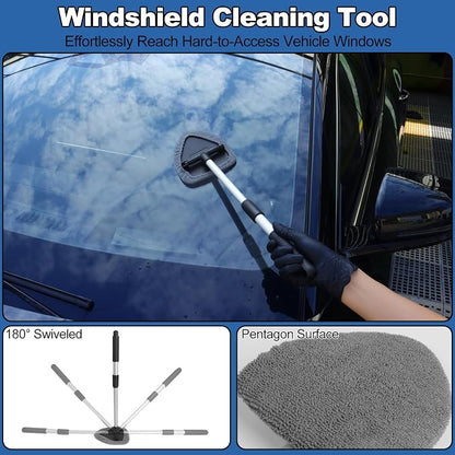 Windshield Cleaner Tool, 14Pcs Car Cleaning Kit - Car Interior Detailing Kit with Extendable Handle, Cleaning Gel & Microfiber Pads, All-in-One Inside Car Cleaning Supplies for Women Men