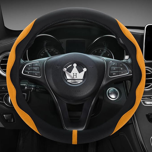 HighnessHwoo Luxury Suede Steering Wheel Cover for Cars, Soft Leather Padded Wheels Cover for Sedan, SUV, Thin Car Handle Cover, Universal Fit, Anti Slip, 14.75-15.15in, Orange