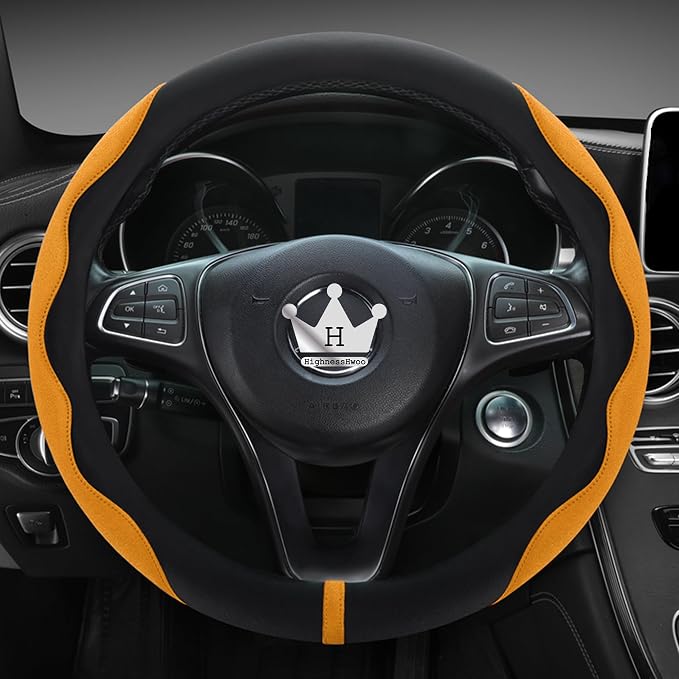 HighnessHwoo Luxury Suede Steering Wheel Cover for Cars, Soft Leather Padded Wheels Cover for F150, Trucks, Jeep, Van, Auto Thin Large Car Handle Cover, Universal Fit, Anti Slip, 15.2-16in, Orange