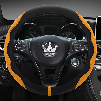 HighnessHwoo Luxury Suede Steering Wheel Cover for Cars, Soft Leather Padded Wheels Cover for F150, Trucks, Jeep, Van, Auto Thin Large Car Handle Cover, Universal Fit, Anti Slip, 15.2-16in, Orange