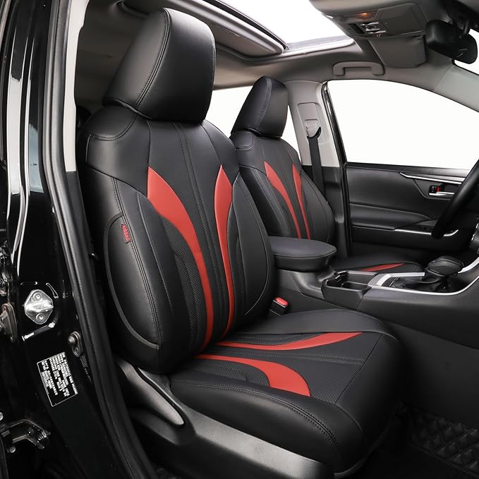 EKR Rav4 Seat Covers Custom Fit for Toyota Rav4 2016 2017 2018(Hybrid) LE,SE,XLE,Limited, Leather Car Seat Cover Full Set for SUV,Faux Leather(Black +Burgundy)