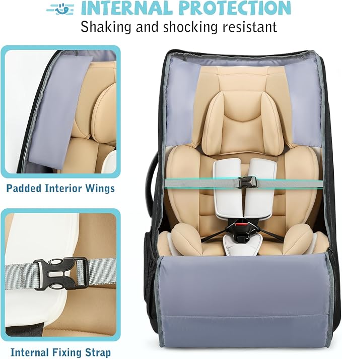 RAINSMORE Car Seat Travel Bag for Airplane Padded Car Seat Backpack Heavy-duty Car Seat Cover for Air Travel Gate Check Carseat Carrier Bags for Airport Fits Infant Carriers & Boosters
