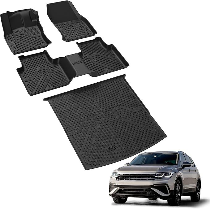 LASFIT Floor Mats & Cargo Mat for 2018-2024 Volkswagen VW Tiguan 5 Seats, Custom Fit All Weather TPE Floor Liners & Trunk Mat, Front Rear Rows and Cargo Liner, Black