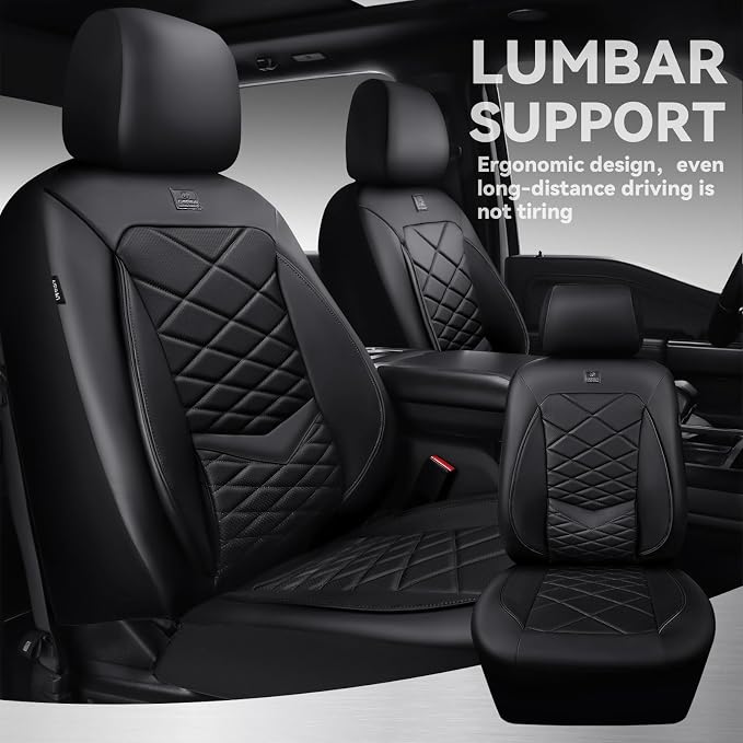 CAR PASS Luxury Nappa Leather Front Seat Covers, Waterproof 3D Foam Seat Covers with Lumbar Support, Breathable Auto Seat Cover Airbag Compatible Universal Fit for Sedan SUV Van Truck, All Black
