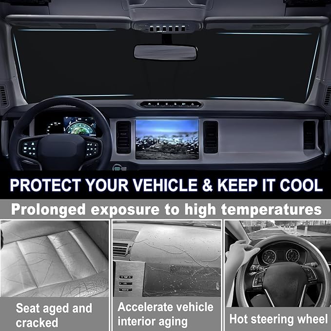 Windshield Sun Shade for 2021-2026 Ford Bronco 2/4 Door| Foldable Front Window Sunshade| 310T Reflective Polyester| UV Heat Insulation Protection| Outdoor Camping (Not for Bronco Sport)