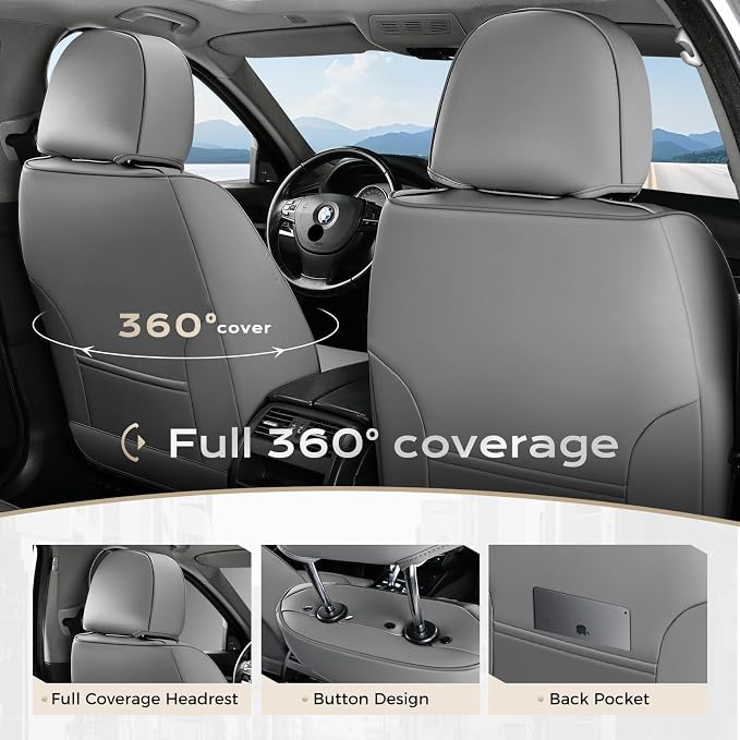 Coverado Car Seat Covers, Gray Front Seat Covers, 2 Pack Luxury Faux Leather Seat Covers for Cars, Waterproof Car Seat Protector Car Seat Cushion, Universal Automotive Seat Covers Fit for Most Cars