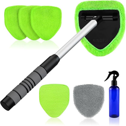XINDELL Windshield Cleaner Tool – Car Interior Window Cleaning Kit with Extendable Handle & 4 Microfiber Pads, Auto Wiper Inside Windshield Brush for Car & Home Windows