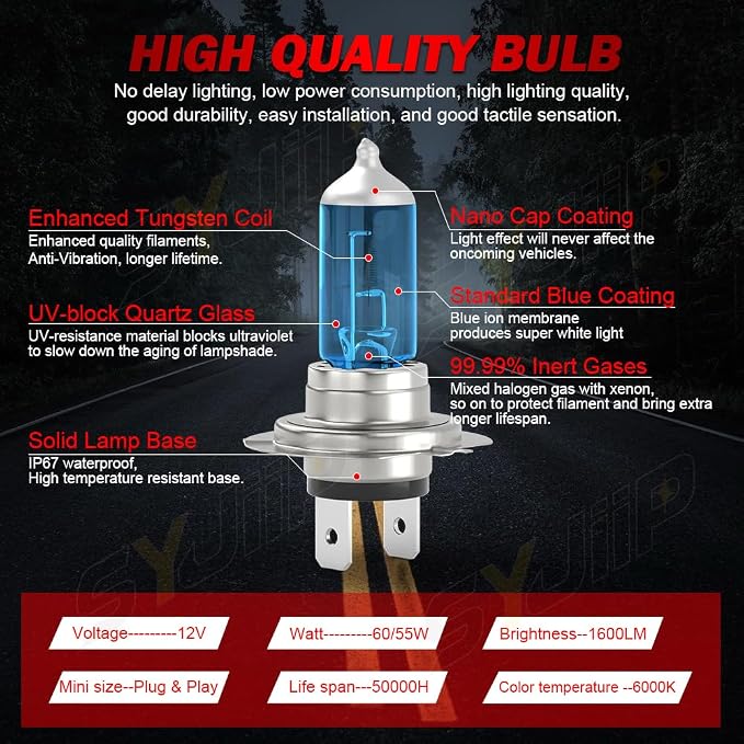 Upgraded Halogen Headlight Bulbs Compatible for Kia Forte 2017 2018 2019 2020 2021, 9005 H7 High Low Beam Halogen Headlamp White Lights, Plug N Play, 300% Brightness, 4-Pack