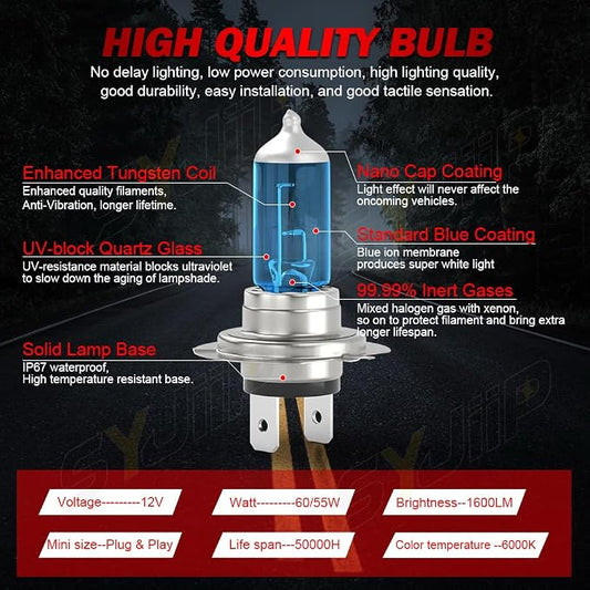 Upgraded Halogen Headlight Bulbs Compatible for Kia Forte 2017 2018 2019 2020 2021, 9005 H7 High Low Beam Halogen Headlamp White Lights, Plug N Play, 300% Brightness, 4-Pack