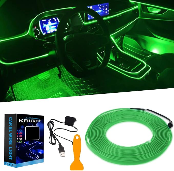 El Wire Lights for Car, Green El Wire Car Interior Neon Lights 16FT/5M Car Led Strip Light Interior USB 5V for Car Garden Party Decoration