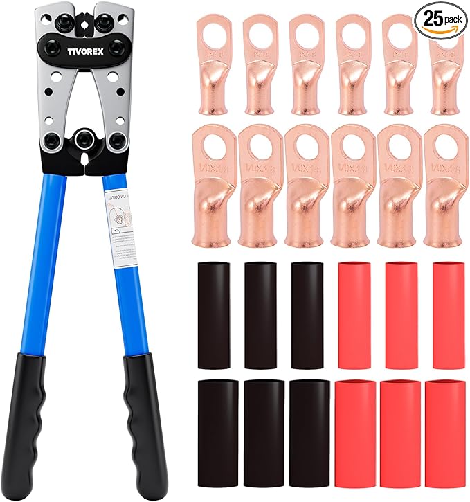 Battery Cable Lug Crimping Tool for AWG 8, 6, 4, 2, 1, 1/0 Gauge Electrical Lug, with 1/0 AWG-3/8” and 4 AWG-3/8” Copper Wire Lugs, 12PCS 3:1 Heat Shrink Tubing