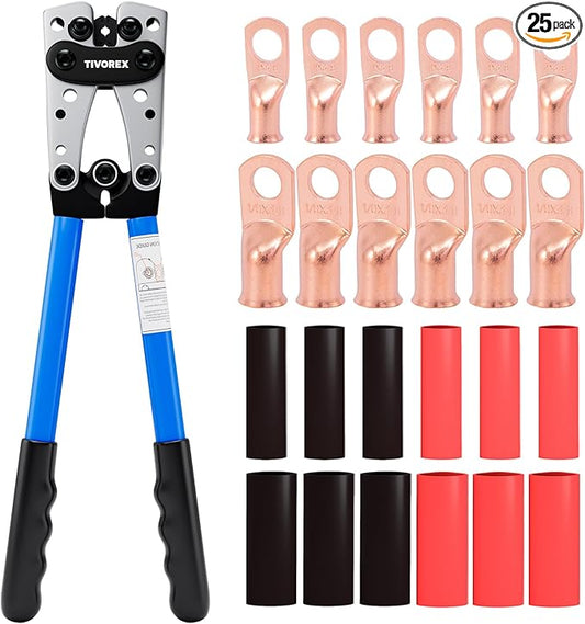 Battery Cable Lug Crimping Tool for AWG 8, 6, 4, 2, 1, 1/0 Gauge Electrical Lug, with 1/0 AWG-3/8” and 4 AWG-3/8” Copper Wire Lugs, 12PCS 3:1 Heat Shrink Tubing