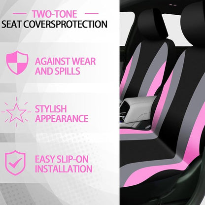 ROCEEI 43 Pcs Pink and Black Car Seat Cover Full Set for Women Christmas Fuzzy Car Accessories Fluffy Steering Wheel Cover Front Rear & Belt Handbrake Shift Accessory for Winter
