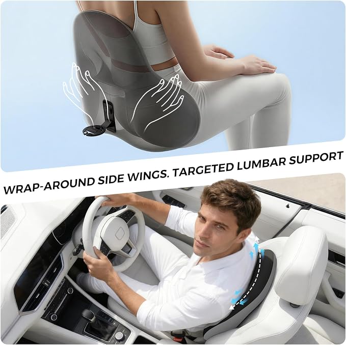 BEBAS Ergonomic Lumbar Support Pillow for Car, Memory Foam Back Support for Driving, Lower Back Pillow for Pain Relief, Comfort Lumbar Cushion for Office Chairs, Car Seat, Wheelchair -Black
