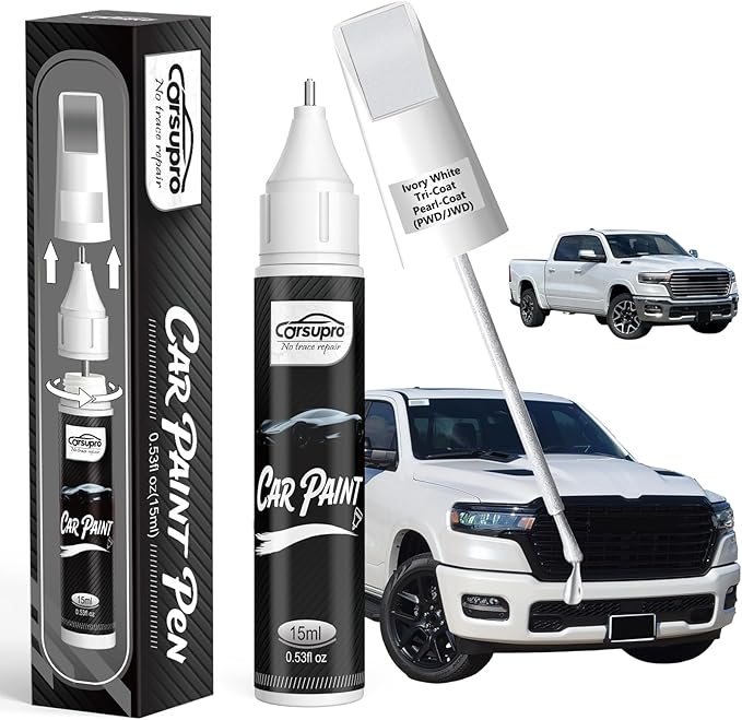 Ivory White Tri-Coat Pearl-Coat(PWD/JWD) for Ram Touch Up Paint Pen, 2 in 1 Car Scratch Remover with Pen Tip and Brush, Precise Color Match for Car Paint Scratch Repair, Quickly and Easily Fix Chips and Nicks