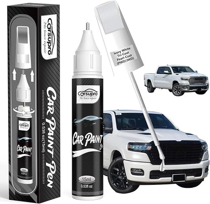 Ivory White Tri-Coat Pearl-Coat(PWD/JWD) for Ram Touch Up Paint Pen, 2 in 1 Car Scratch Remover with Pen Tip and Brush, Precise Color Match for Car Paint Scratch Repair, Quickly and Easily Fix Chips and Nicks