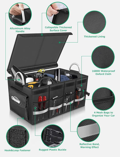 Oasser Trunk Organizer, Large, Black | Waterproof, Collapsible, Foldable Hard Cover, Aluminium Alloy Handle, Reflective Strip