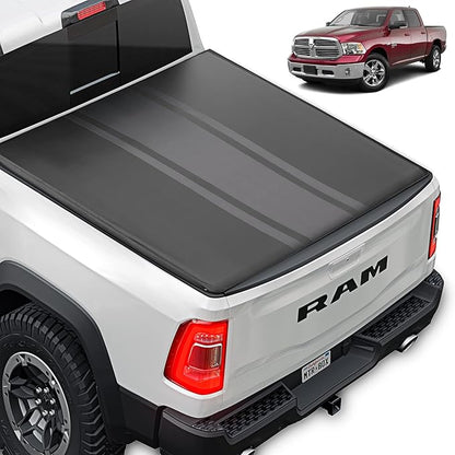 MotorBox Truck Tonneau Cover for Ram 1500 (2002-2023) / Ram 2500 & 3500 (2003-2020) with 6.4 ft Bed Length, All-Weather Retractable Soft Roll-Up Truck Bed Cover with Gray Stripes