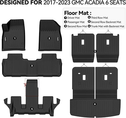 Floor Mats for 2017-2023 GMC Acadia 6 Seats with 2nd Row Bucket Seat, Trunk Mat and Backrest Mat All Weather TPE Protector for GMC Acadia Accessories