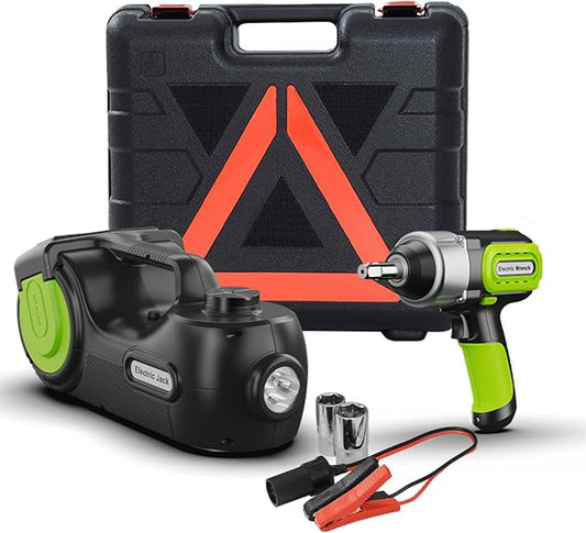 Portable Electric Car Jack Kit, 5T 12V Electric Jack for Car with Electric Wrench, Window Breaking Hammer, Anti-Slip Gloves, Battery Clamps for Roadside Assistance (Green)