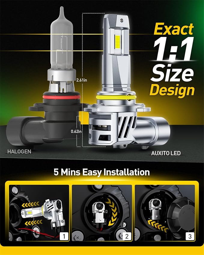 AUXITO 9005&9006 LED HeadIight Bulbs Combo, 1:1 Halogen Size, 6500K Ultra Bright, 1000% Brightness, Plug and Play, 60,000 Hours Lifespan, Pack of 4