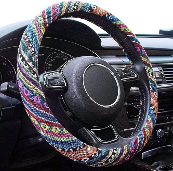 Boho Steering Wheel Cover Elastic Microfiber for Women, Universal Fit 15 inch Car SUV, Hippie Style Protector Cover, Anti-Slip, Breathable, Absorbing Sweat - 01