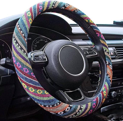 Boho Steering Wheel Cover Elastic Microfiber for Women, Universal Fit 15 inch Car SUV, Hippie Style Protector Cover, Anti-Slip, Breathable, Absorbing Sweat - 01