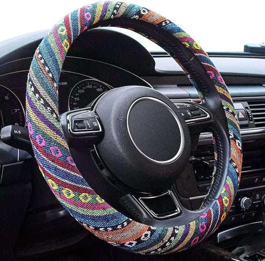 Boho Steering Wheel Cover Elastic Microfiber for Women, Universal Fit 15 inch Car SUV, Hippie Style Protector Cover, Anti-Slip, Breathable, Absorbing Sweat - 01